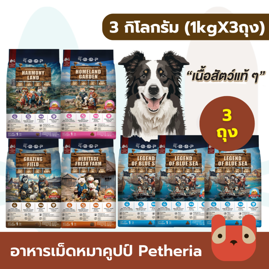3ถุง Petheria qoop อาหารสุนัขคูปป์ 1 กิโลกรัม เนื้อสัตว์แท้ สุนัขไม่มีกลูเตน สำหรับสุนัขทุกช่วงวัย