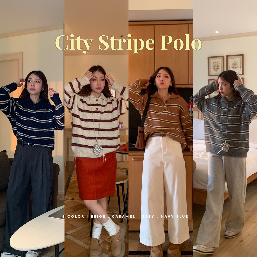 SOMEDRESS | City Stripe Polo เสื้อไหมพรม ลายทาง คอปก