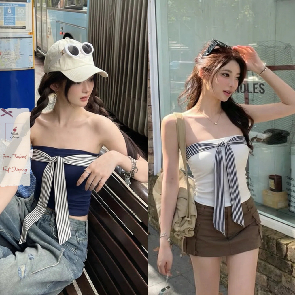 เสื้อเกาะอก ผูกโบว์หน้าอก สีพื้น ครอปฟิต เซ็กซี่กำลังดี สไตล์ Y2K | Black Cherry