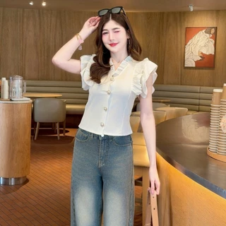 เสื้อแฟชั่น ผ้าครัช คอแต่งระบาย แขนแต่งระบาย กระดุมมุกหน้า ทรงเข้ารูป สวเรียบหรู ใส่ทำงาน ใส่ออกงาน สายคาเฟ่ LG099