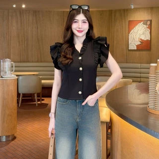 เสื้อแฟชั่น ผ้าครัช คอแต่งระบาย แขนแต่งระบาย กระดุมมุกหน้า ทรงเข้ารูป สวเรียบหรู ใส่ทำงาน ใส่ออกงาน สายคาเฟ่ LG099