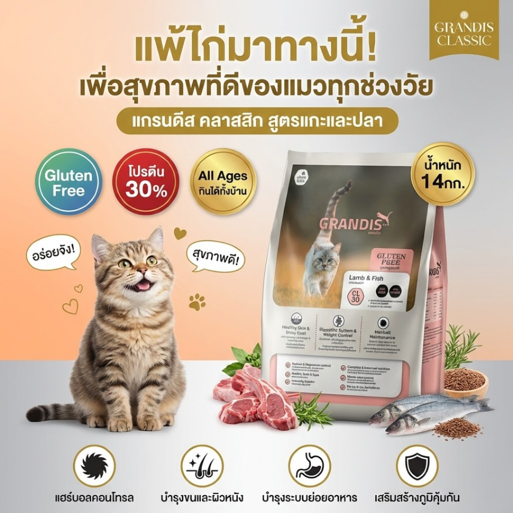 [สุดคุ้ม] แกรนดีส CL30 (14กก) อาหารแมว สูตรกลูเตนฟรี แกะและปลา GRANDIS CL30 Lamb & Fish Cat Food