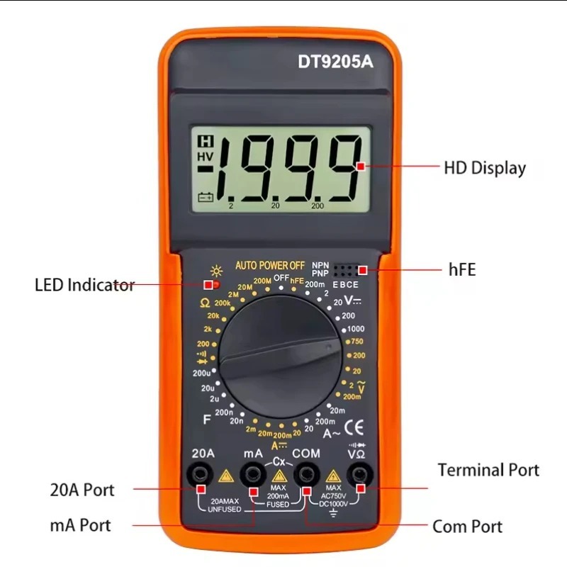 Digital DT9205A Multimeter Lcd Ac/Dc Ammeter Voltmeter Ohmmeter Resistance Capacitance Tester