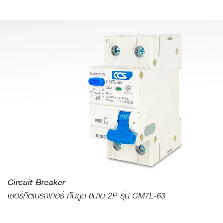 เมนเบรกเกอร์ กันดูด เบรกเกอร์ กันดูด Circuit Breaker รุ่น CM7L-63 2P RCBO แบรนด์ CCS (รับประกัน 5 ปี