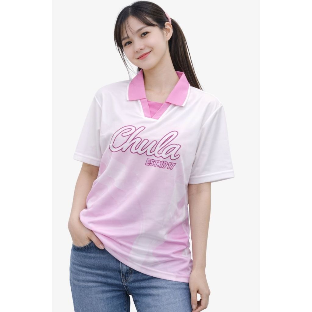 Chulabook|n|เสื้อฟุตบอลแขนสั้นโลโก้จุฬาฯ ปกทอปลายแขนจั๊ม (ชมพู)|8850000355066 (มีแค่ เบอร์ S  )