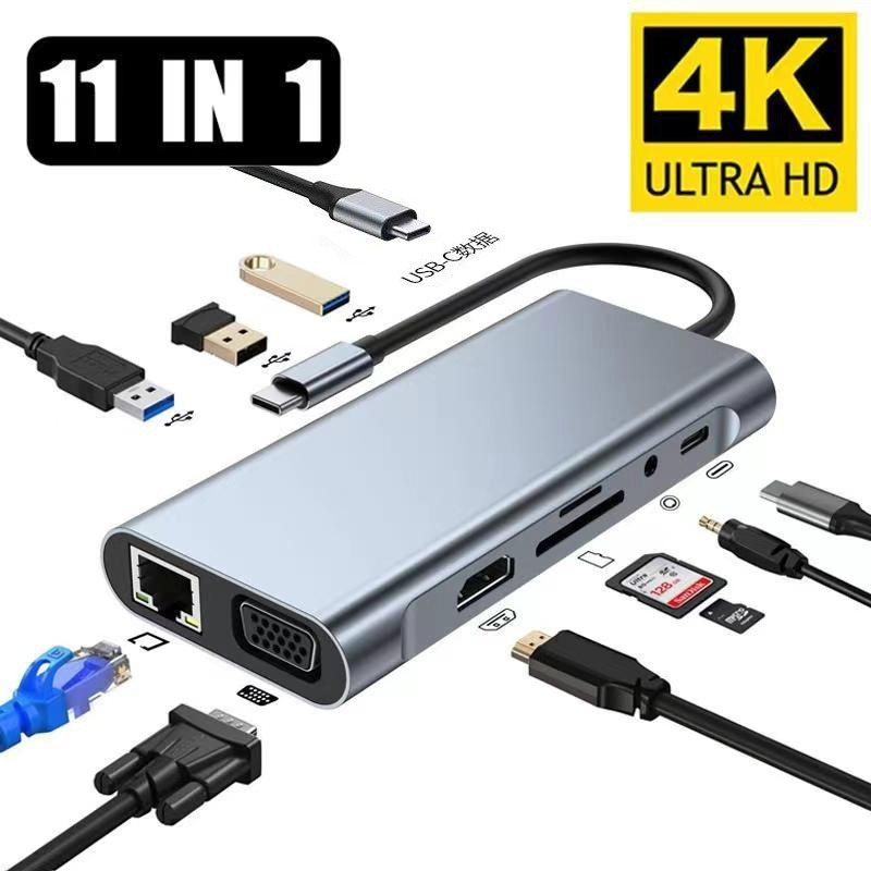 11 in 1 หลาย USB Hub 3.0 พอร์ตประเภท C Adaptor สําหรับ Macbook แล็ปท็อป HD PD Charger Audio VGA RJ45