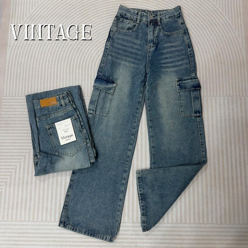 Vintage รุ่น #204-2 กางเกงยีนส์ คาร์โก้ ทรงกระบอก สีสนิมเข้ม แต่งเฟดขา ทรงสวยผ้าไม่ยืด กระเป๋าตรง 2 ใบ