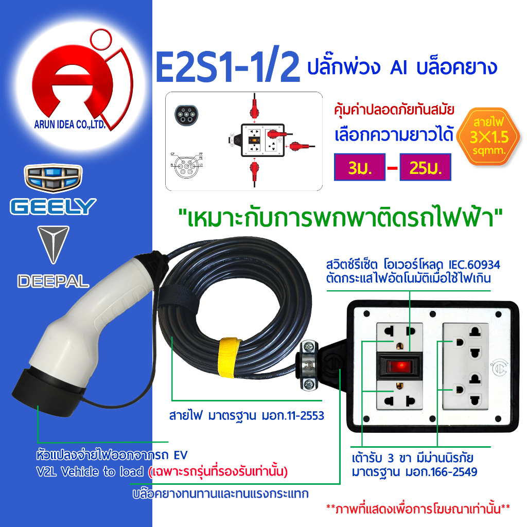 ปลั๊กพ่วง ปลั๊กไฟ รถไฟฟ้า V2L DEEPAL 05 07 GEELY ex2 ex5 ตั้งแค้มป์ สาย3x1.5 มอก 3ม. - 25ม. รุ่น E2S