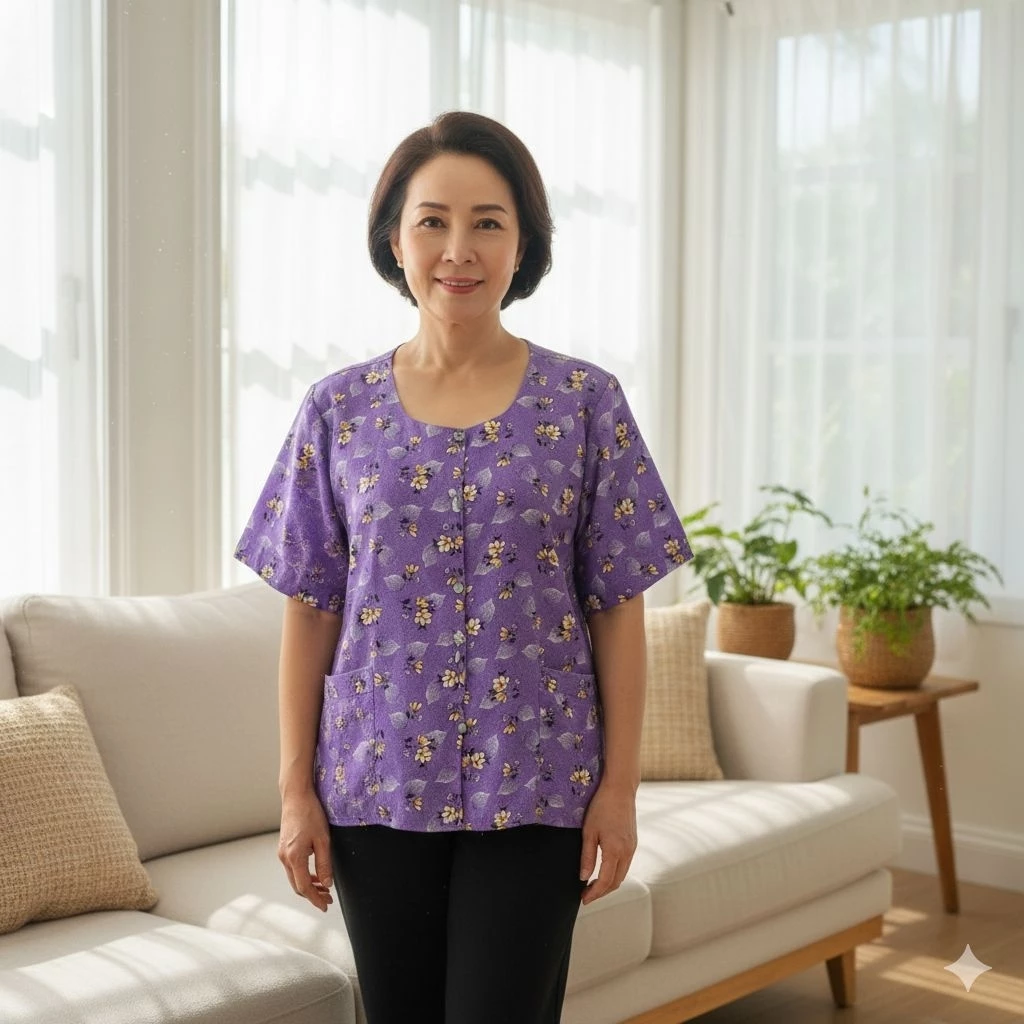 เสื้อคอกระเช้าลายดอก Size L อก 44 ยาว 20 แขนสั้น ผ่าหน้ากระดุม มีกระเป๋า thumbnail 10