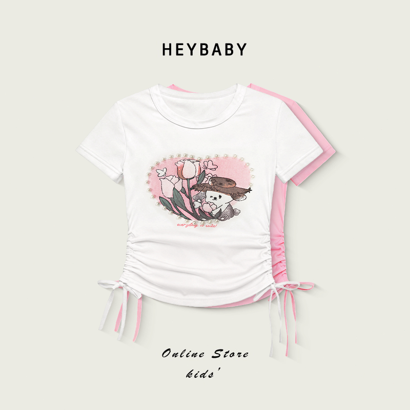 2-12 ปี เสื้อยืดแขนสั้นเด็กหญิง เสื้อยืดลายการ์ตูน ตกแต่งด้วยไข่มุก ลายหัวใจ พร้อมเชือกรูด นุ่มมาก