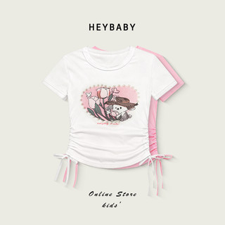 2-12 ปี เสื้อยืดแขนสั้นเด็กหญิง เสื้อยืดลายการ์ตูน ตกแต่งด้วยไข่มุก ลายหัวใจ พร้อมเชือกรูด นุ่มมาก