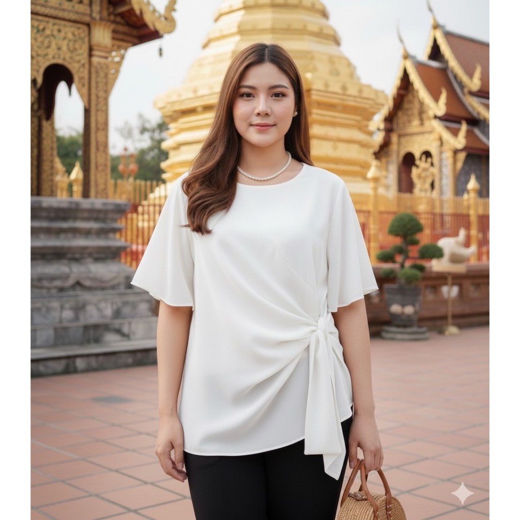 เสื้อชีฟอง ผูกโบว์ข้าง สวยสง่า ผ้าไม่บาง มีซับในให้ สาวอวบใส่ได้