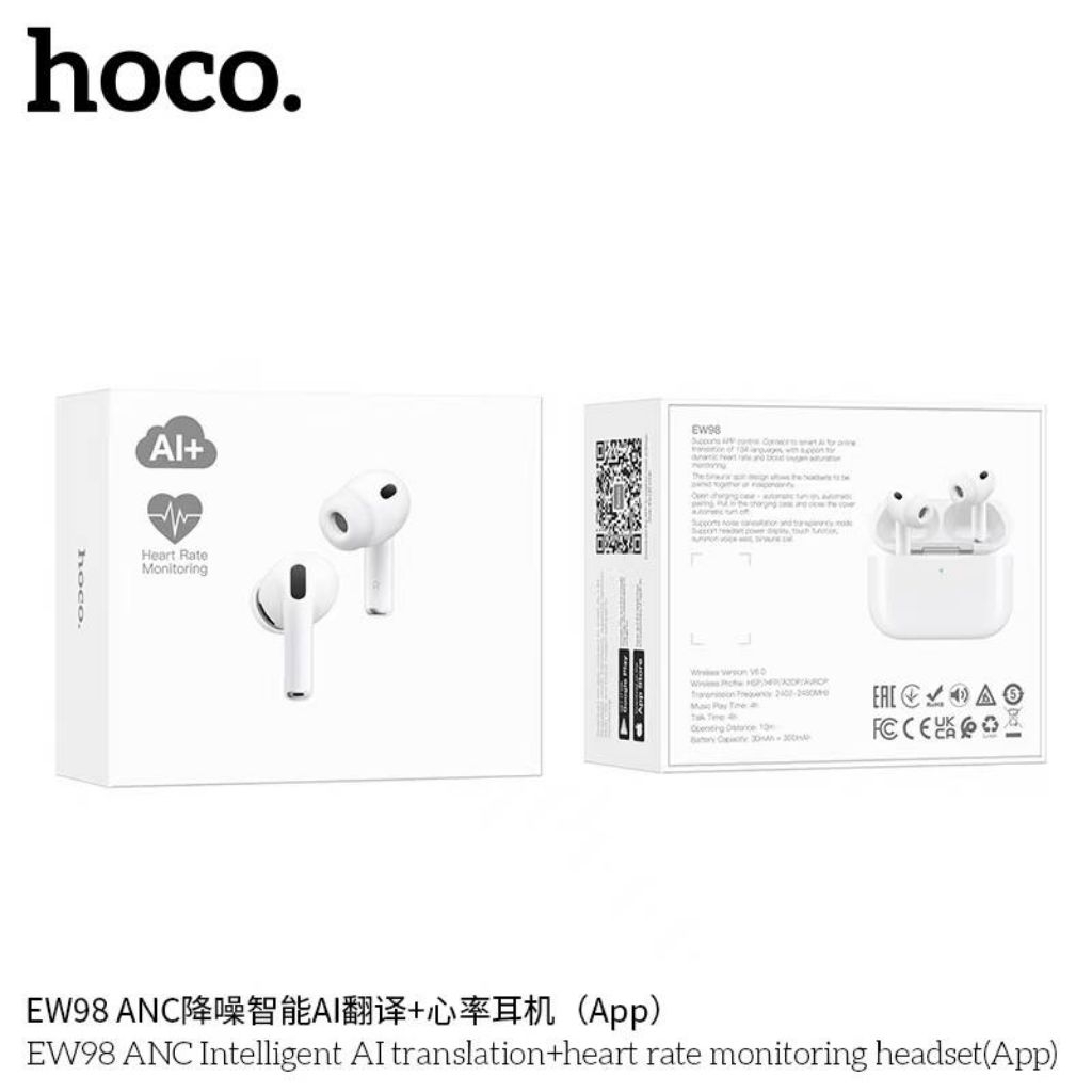HOCO EW98 หูฟังไร้สาย TWS หูฟังอัจฉริยะ พร้อม AI แปลภาษา + วัดอัตราการเต้นหัวใจ + ANC ตัดเสียงรบกวน hc3