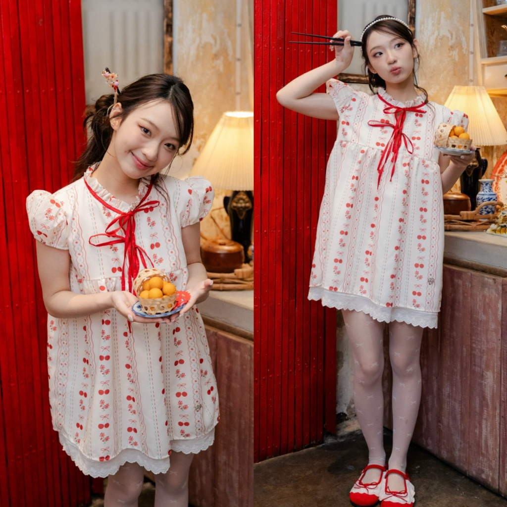 RIKA 🌷เป่าเป้ย🇨🇳 มินิเดรสแขนกระป๋องคอระบายโบว์หน้า