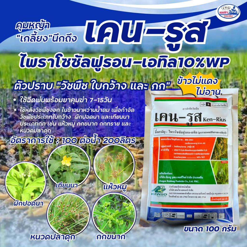 ไพราโซซัลฟูรอน-เอทิล10%WP เคน-รูส บรรจุ 100 กรัม กำจัดวัชพืชใบกว้างและกก ใช้หลังวัชพืชงอกในข้าวนาหว่านน้ำตม 7-15วัน