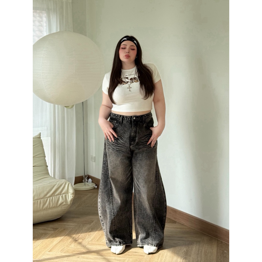กางเกงยีนส์สาวอวบ ทรงบัคกี้ สะโพกใหญ่ เอวสูงไม่รั้งเป้า | VT fade denim