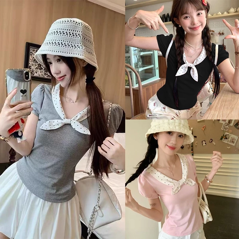 จัดส่งในประเทศไทย เสื้อแฟชั่นฤดูร้อนแขนสั้นคอตตอน เสื้อเชิ้ตคอตตอนลายจุด