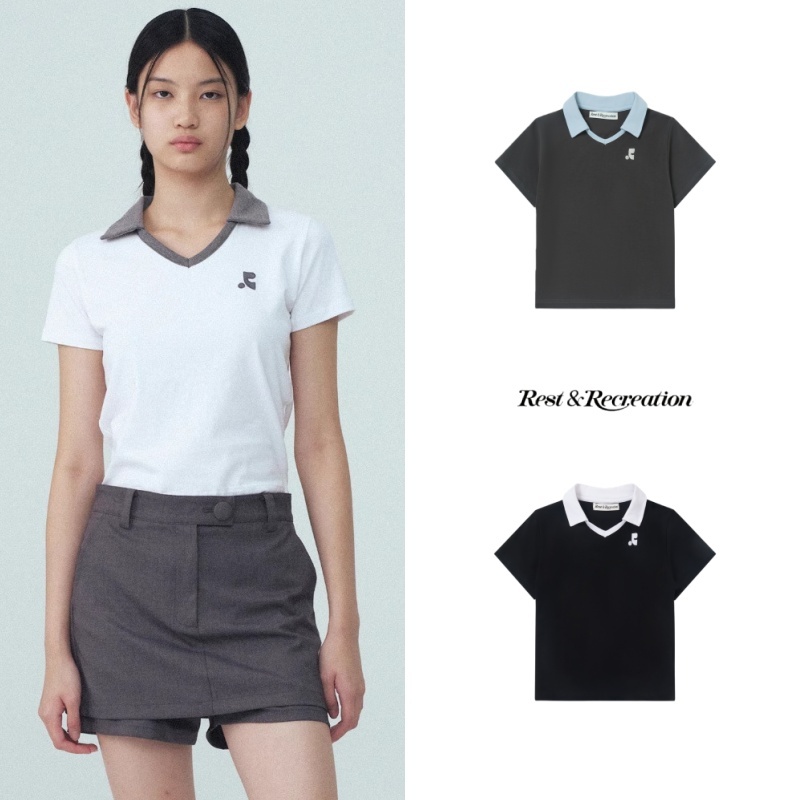 🎗ของแท้💯% เกาหลีRest เสื้อยืดแขนสั้นปักลาย RR เสื้อโปโล Slim Fit Slim Positive Shoulder👚