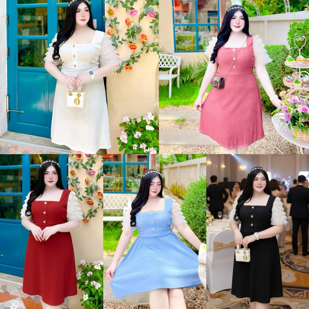 ชุดเดรสกระโปรงใส่งานแต่ง งานบุญ งานบวช สีฟ้า สีขาว สีชมพู ชุดกระโปรงสาวอวบอ้วนใส่ออกงาน