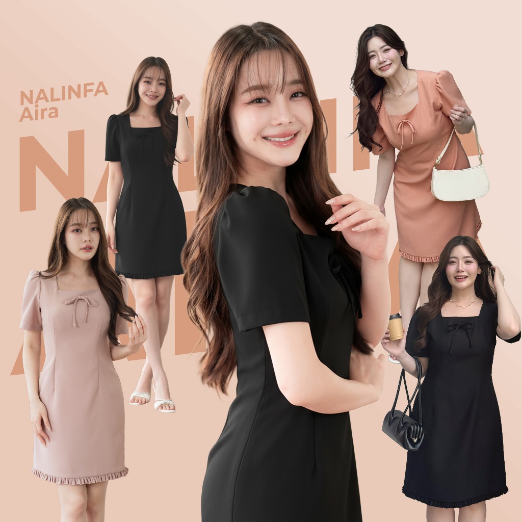 NALINFA Aira Black/Peach/Smoky Pink - เดรสคอสี่เหลี่ยมสีดำ/พีช/ชมพูหม่น  ทรงยอดฮิต แต่งระบายชาย