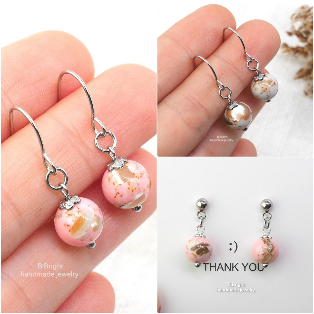 มีส่งด่วน💥 ต่างหูก้านเสียบประดับหิน Pink Shell Turquoise 8 มม. งานทำมือ พร้อมส่งค่ะ