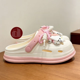 รองเท้าหัวโต รองเท้าแตะแฟชั่น พื้นนิ่ม สีพาสเทล แถมตัวติดลายคิตตี้ ส้นหนา 2.5 cm.