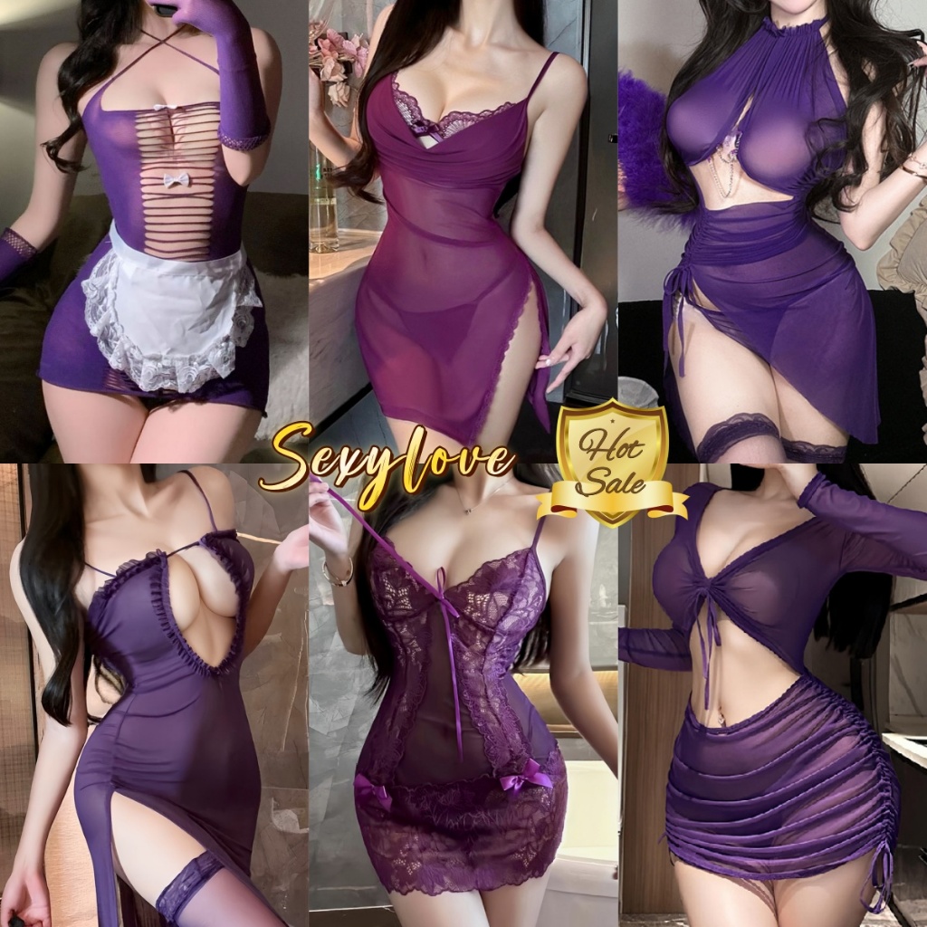 💜COD💜ชุดนอนเซ็กซี่ ชุดยั่ว ซีทรู คอวี สายเดี่ยว ลูกไม้ เว้าหลัง สีม่วง สไตล์หลากหลาย ส่งจากไทย
