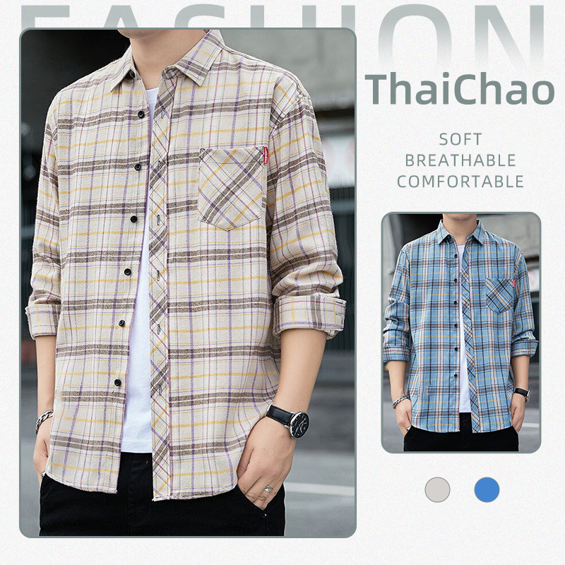 เสื้อเชิ้ตแขนยาวลายตารางชาย สบายหลวม เรียบง่าย百搭 เนื้อผ้าคุณภาพดี