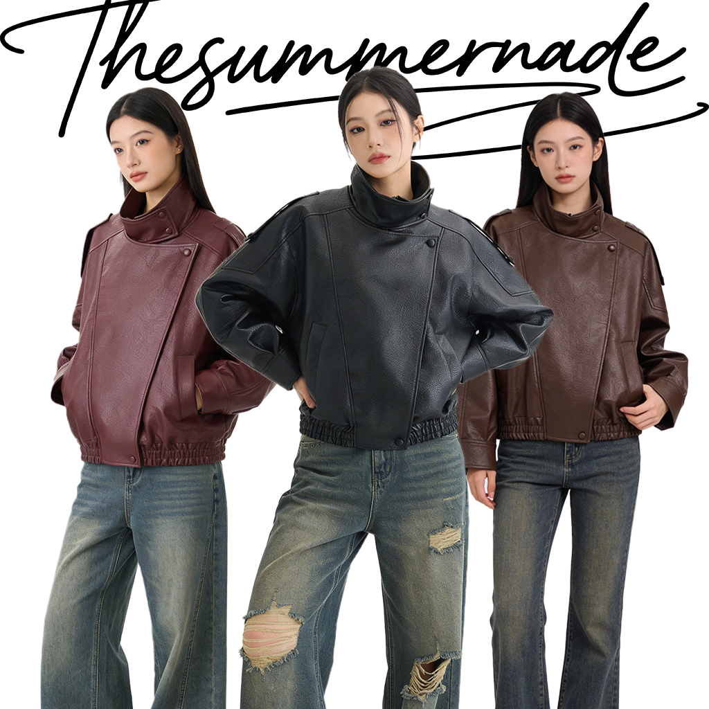 Thesummernade Long-Sleeved Stand Collar Leather Jacket แจ็คเก็ตหนัง
