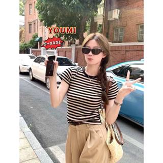 ส่งไวจากไทย เสื้อยืดผู้หญิง เสื้อยืดลายทาง คอกลม เรียบง่าย ส…