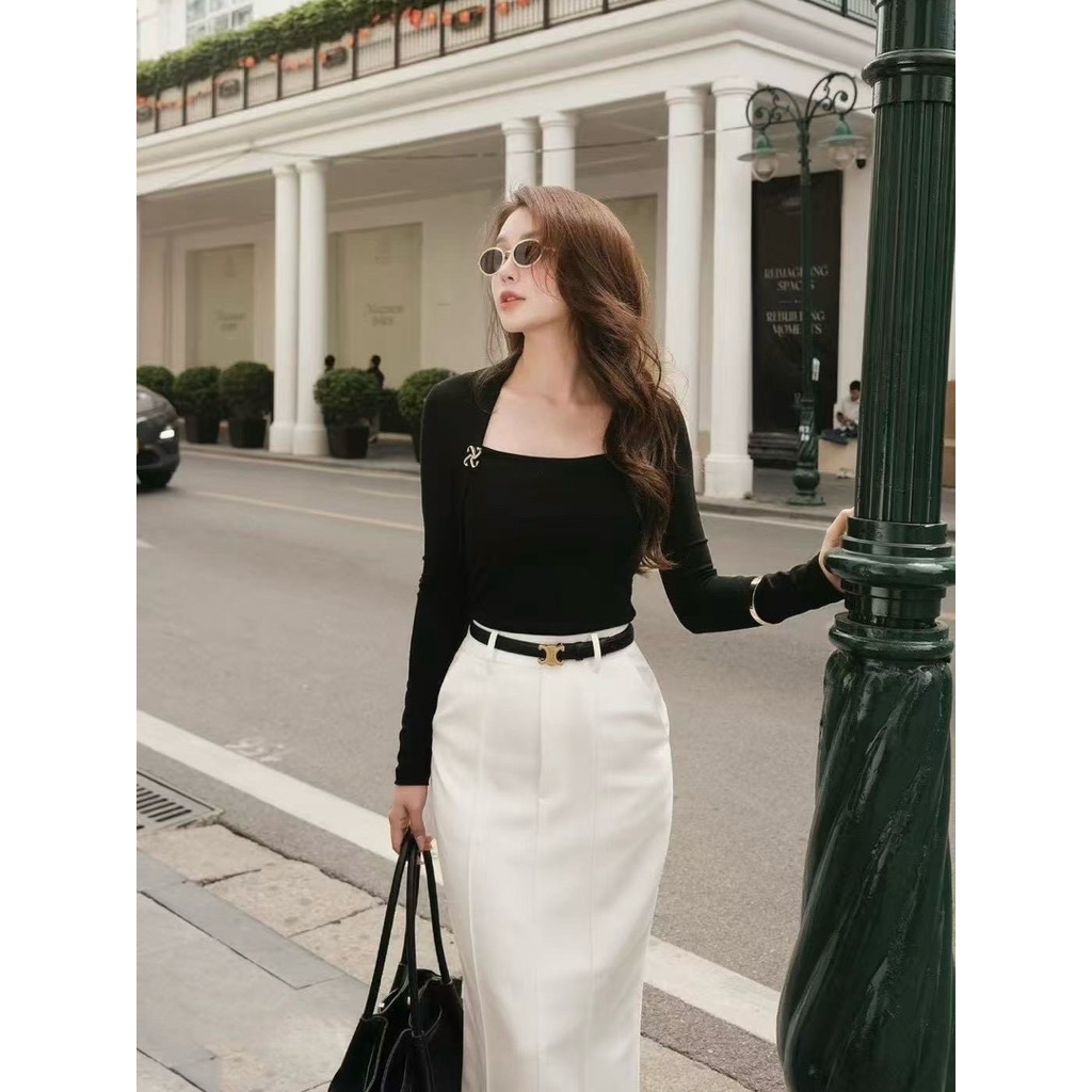 [PISAMAI] เซ็ตเสื้อคอปกแขนยาวสีดำมาคู่กับเข็มกลัดอะไหล่เงิน+ กระโปรงทรงสอบสีขาวพร้อมเข็มขัดเข้าเซ็ต - รูปที่ 2
