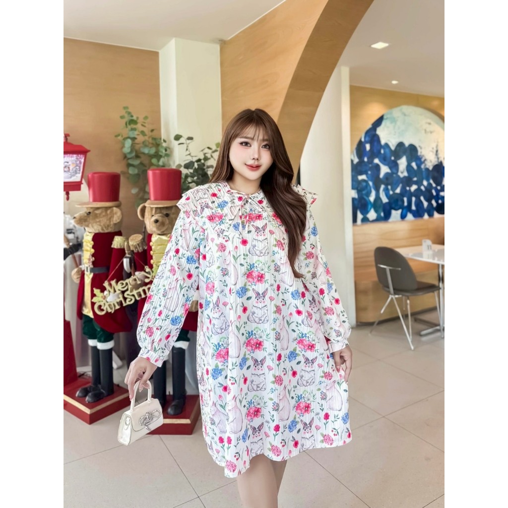 มินิเดรสแขนยาว คอบัว ผ้าด๊อบบี้ ลายน้องกระต่าย 3 ไซส์ (กรุณาอ่านไซส์ในรายละเอียดก่อนสั่งซื้อ)