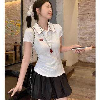 🦄พร้อมส่ง✨เสื้อยืดแขนสั้นคอปก เสื้อครอปไหมพรม เสื้อคอปกกระดุมหน้า ผ้านิ่ม ใส่บาย มินิมอล สไตล์เกาหลี