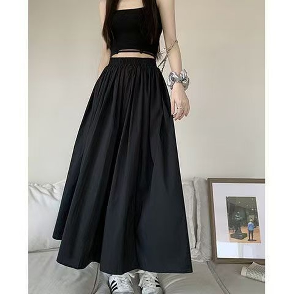 สีดำ ยาวพิเศษ กระโปรง กระโปรงทรงเอ เอวสูง หลวม ความทิ้งตัว การทำตัวให้ผอม ย้อนยุค บุคลิกภาพ