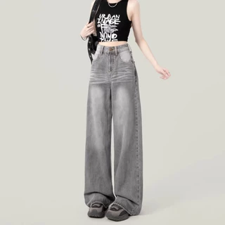 S~5XL Cement Gray Baggy jeans กางเกงขาตรงสีเทาอินเทรนด์ 2026 กางเกงยีนส์ลำลองเอวสูงใหม่หลวม HOT