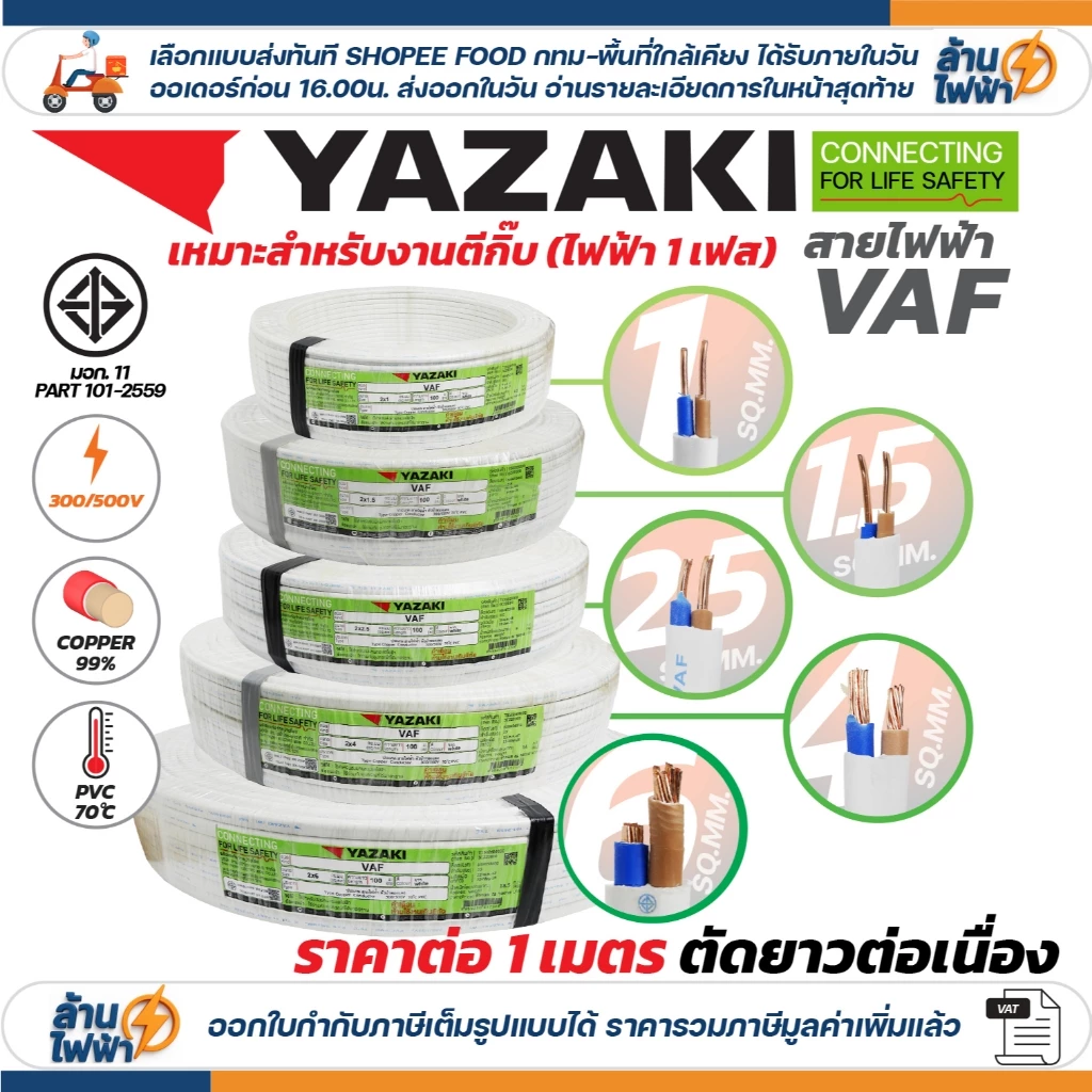 (ราคาต่อ 1เมตร ตัดยาวต่อเนื่อง) THAI YAZAKI สายไฟ VAF ขนาด 2 x 1 / 2 x 1.5 / 2 x 2.5 / 2 x 4 sqmm สายทองแดง ไฟฟ้า ตีกิ๊บ
