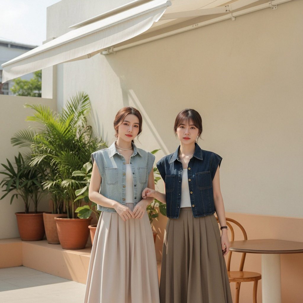 เสื้อยีนส์แขนกุด ทรงครอปสไตล์เกาหลี ดีไซน์กระดุมหน้าสุดพรีเมียม
