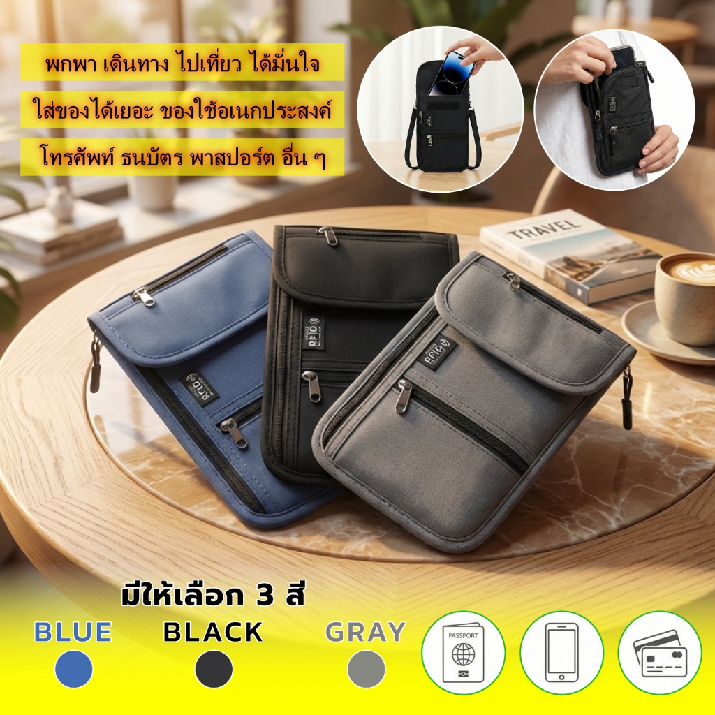 กระเป๋าใส่พาสปอร์ต เดินทาง คล้องคอ RFID Protection ปลอดภัย ช่องเก็บของเยอะ