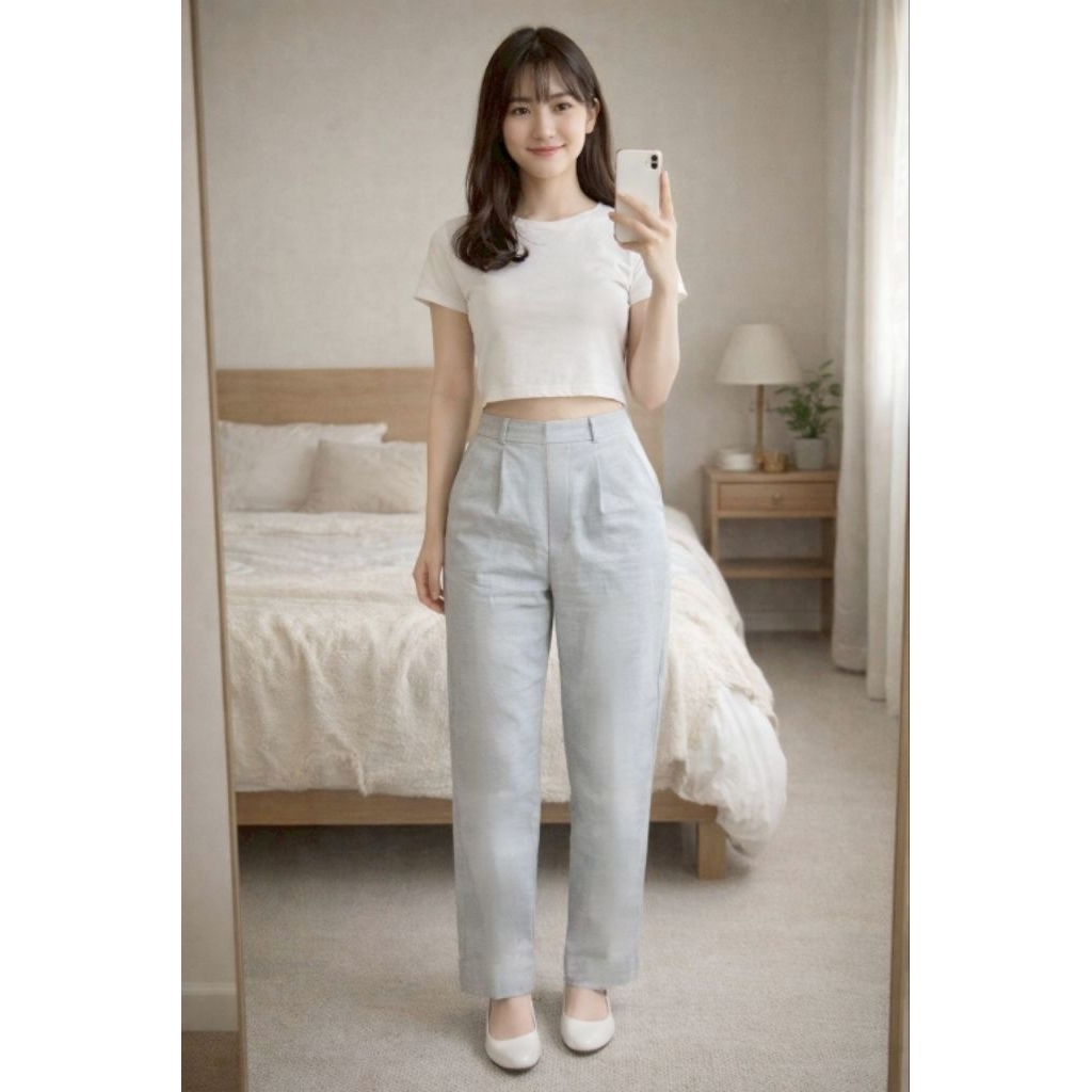 กางเกงขายาว HK WORKS LONDON มือสอง สีครีมอ่อน ทรงสวย ผ้ายังใหม่🌟เอวยืด26-28🌟J309⚡