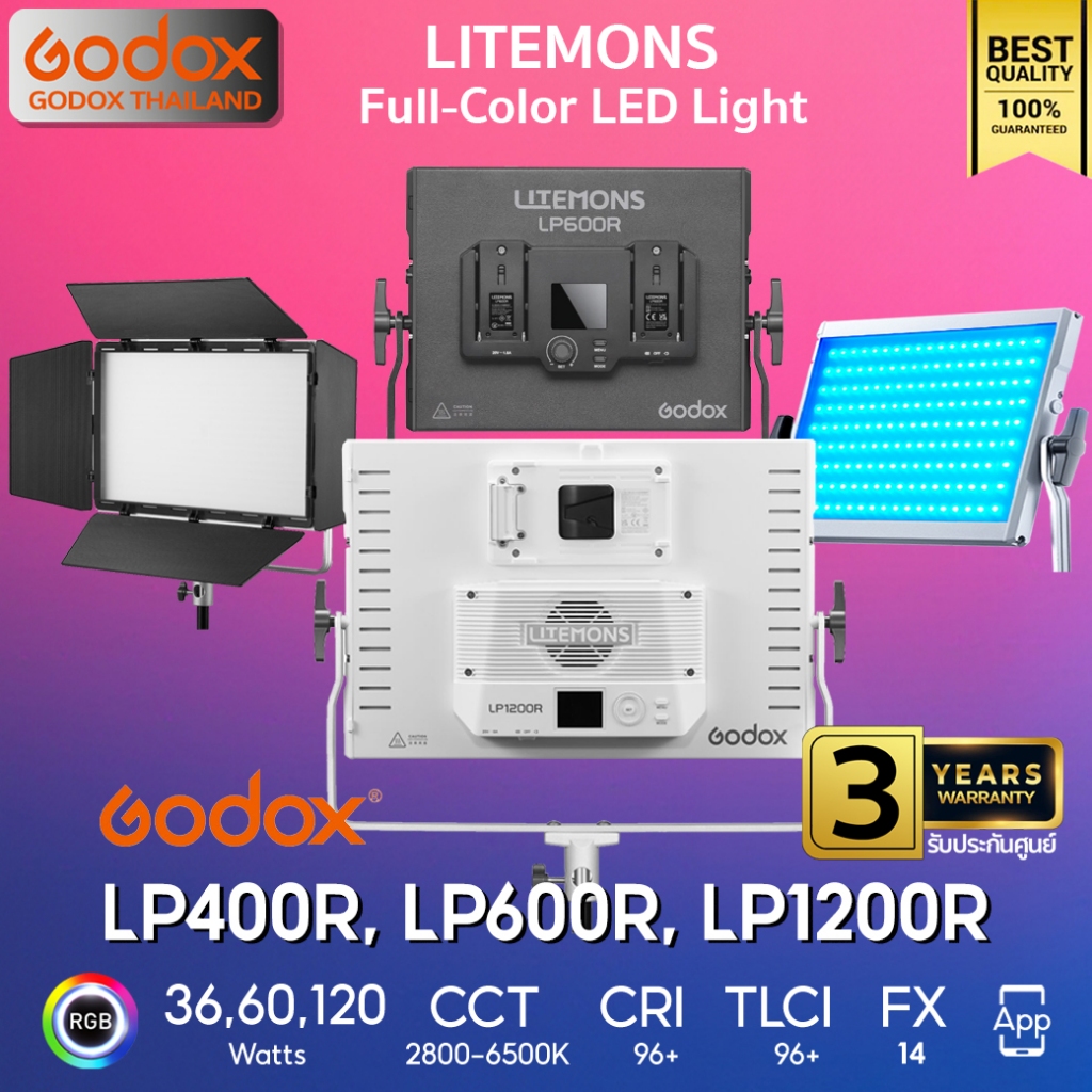Godox LED LP400R, LP600R, LP1200R - Litemons Panel LED - RGB, CCT 1,800K-10,000K / Godox Thailand