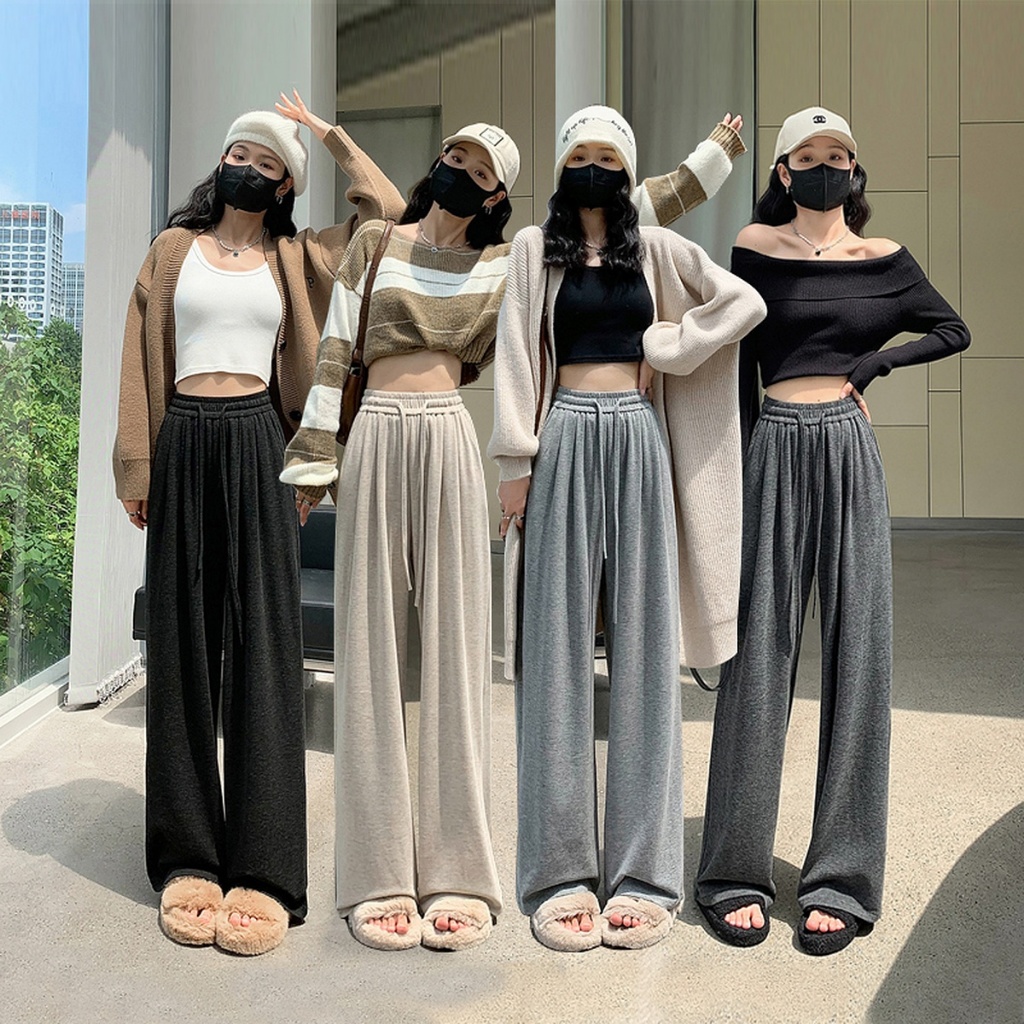 กางเกงขาบานผู้หญิง นุ่มละมุน อ่อนโยนต่อผิว ทิ้งตัว เอวสูง ทรงหลวม พรางหุ่น กางเกงลำลอง กางเกงแมทช์ง่าย