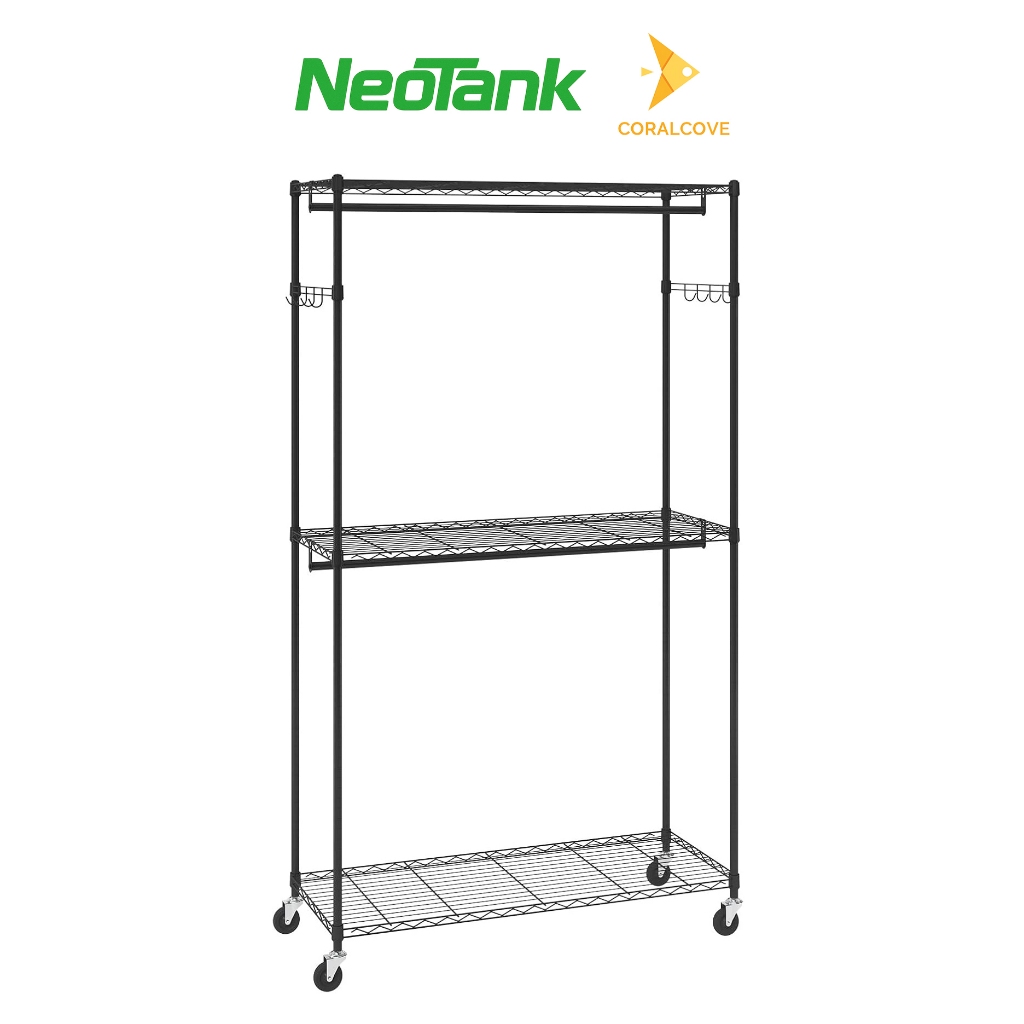 NeoTank โครงตู้เสื้อผ้าพร้อมล้อ 360° ปรับความสูงได้ 3 ชั้น 2 แท่ง 2 ข้างตะขอ ขนาด 90x45x180 ซม