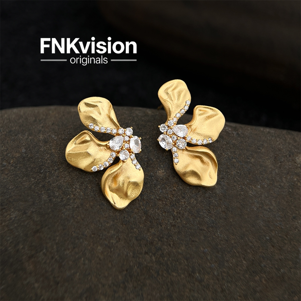FNKvisionการออกแบบดั้งเดิมต่างหูดอกไม้ ทอง18K ชุบหนา สีแมตต์ สไตล์ฝรั่งเศสโบราณ