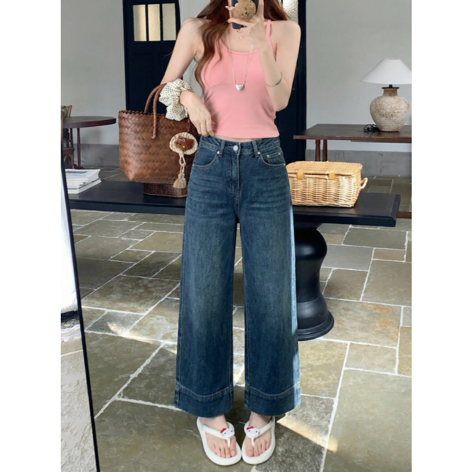 💙Rosy🤍กางเกงยีนส์เอวสูง กางเกงกระบอก ขากว้าง ขาสั้น9ส่วน สไตล์ลำลอง เเมชท์ง่าย - รูปที่ 7