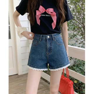 Rosy.bra🌸กางเกงขาสั้นยีนส์แฟชั่น กางเกงยีนส์ขาสั้น ลูกไม้ลูกไม้ ดีไซน์เอวสูง สไตล์เกาหลีเรียบง่าย