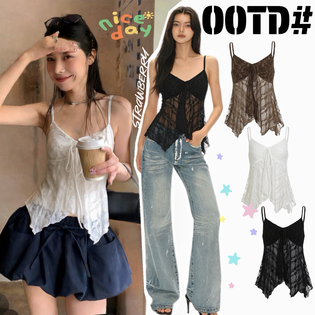 STR พร้อมส่ง🎊🎐เสื้อสายเดียวผ้าลูกไม้ คอวีดีไซน์โบว์เก๋ๆ เสริมฟ้องน้ำ แขนกุด เสื้อครอปทรงเข้ารูปสไตล์สาวฮอตขุดไปเที่ยว