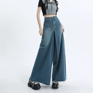 S~5XL Baggy jeans Blue กางเกงยีนส์ขากว้างเอวสูงย้อนยุค 2026 สไตล์ใหม่ดิบขอบหลวมสบายๆกางเกงขาช้างอเนกประสงค์ HOT