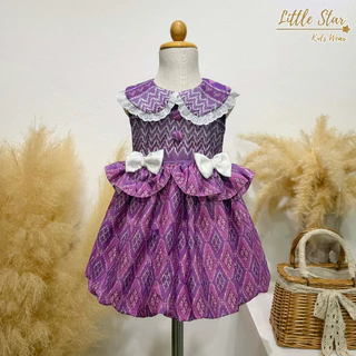 ⭐️Littlestar👧🏻 เดรสเด็กผ้าไทย ชุดไทยเด็กผ้าฝ้าย ผ้าครัช แต่งลูกไม้ มินิเดรสเด็กกระดุมหลัง มีสายผูกโบว์ GSF0653