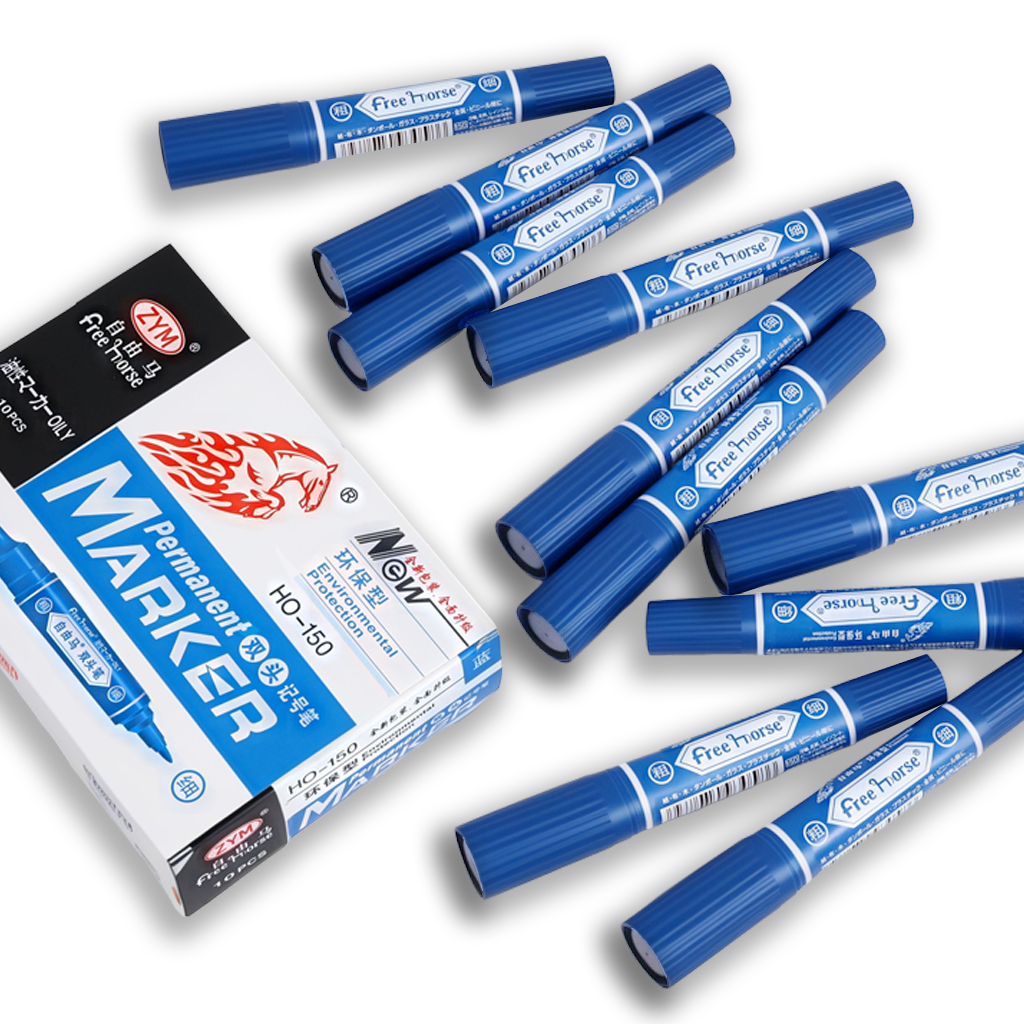 ปากกาเคมี ปากกาเมจิก 2 หัวตราม้า “สีน้ำเงิน, สีแดง, สีดำ” แพ็ค 12 ด้าม HORSE tip permanent marker - รูปที่ 2