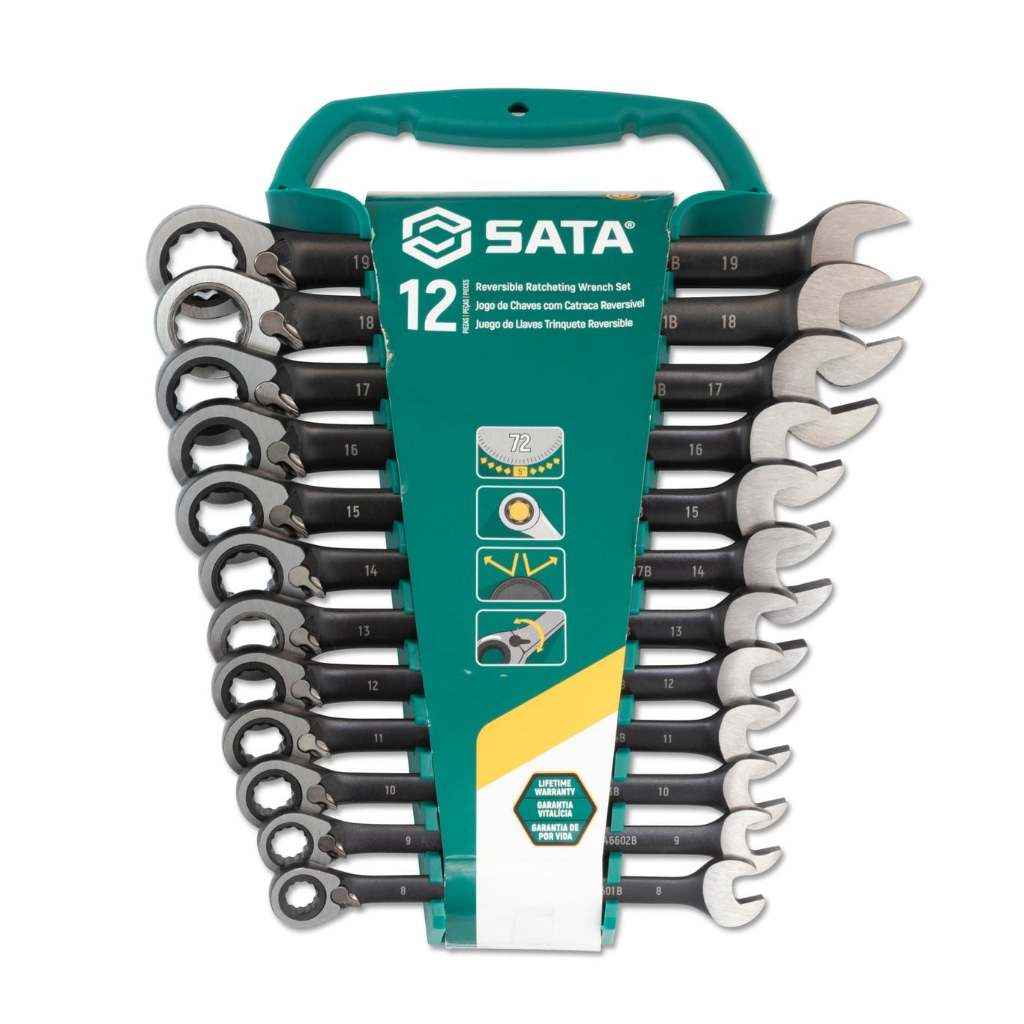 SATA 08044B ชุดประแจแหวนฟรีข้าง ปากตายข้าง สีดำ 12 ชิ้น แหวนฟรีก๊อกแก๊ก ปรับซ้ายขวาได้